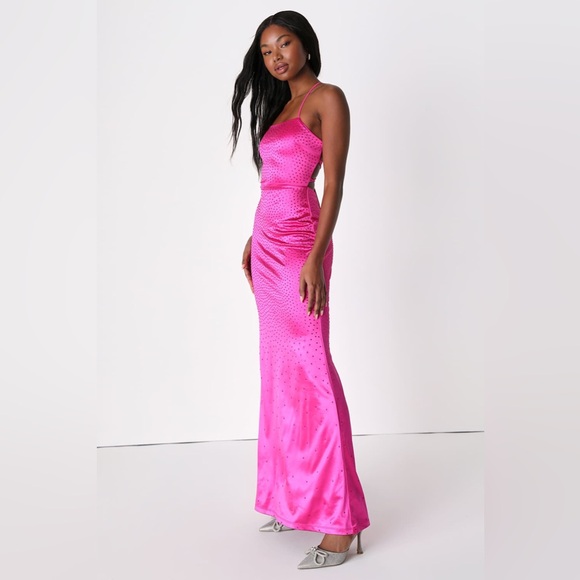 Lulus - Radiant Stunner Hot Pink Satin Rhinestone Lace-Up Maxi Dress - NWT - XS - Picture 3 of 10